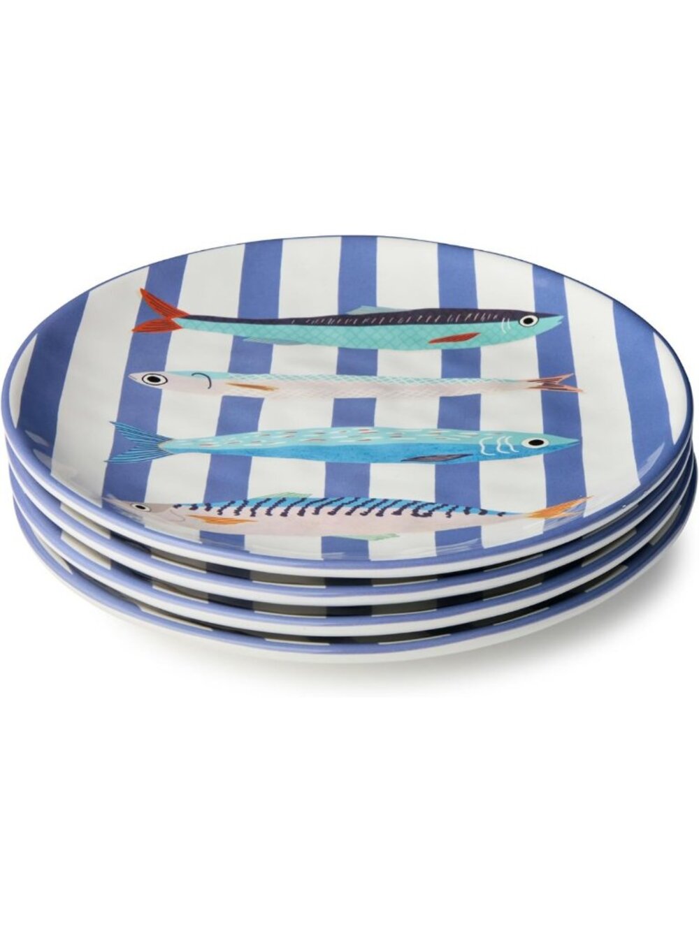 Nautical Ceramic Dinner Plates Set of 4 - 11" Coastal Fish Design for Seafood